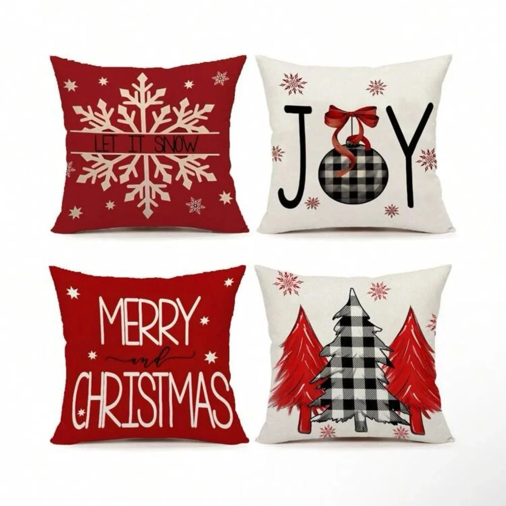 NWT- Set of 4- Red & Cream- Merry Christmas, Linen Pillow Covers Set 18x18